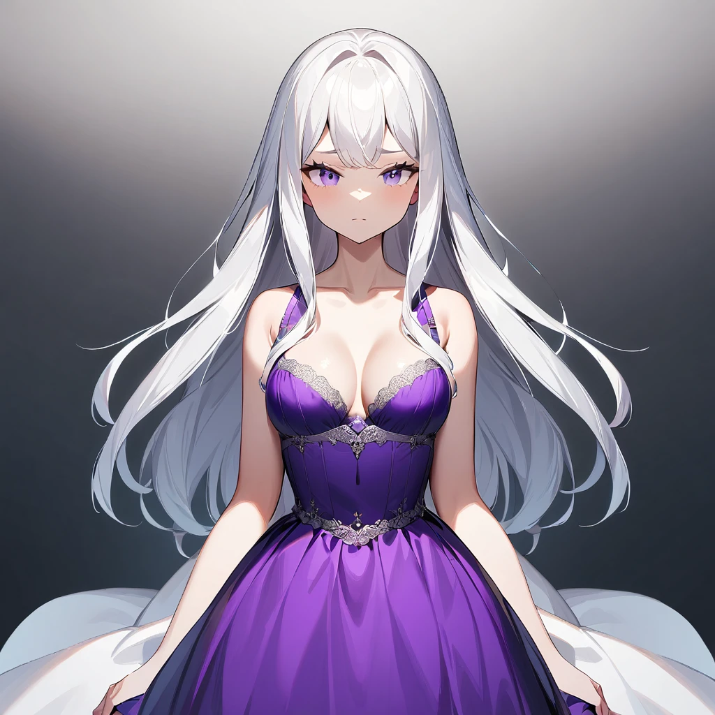 nafw,(2 girls:1.3),(duo),breast,absurdres,best quality,very aesthetic,absurdres,bra,(light silver White hair),太もも,(purple),(straight-on),(long hair),(gown),(bare breasts)