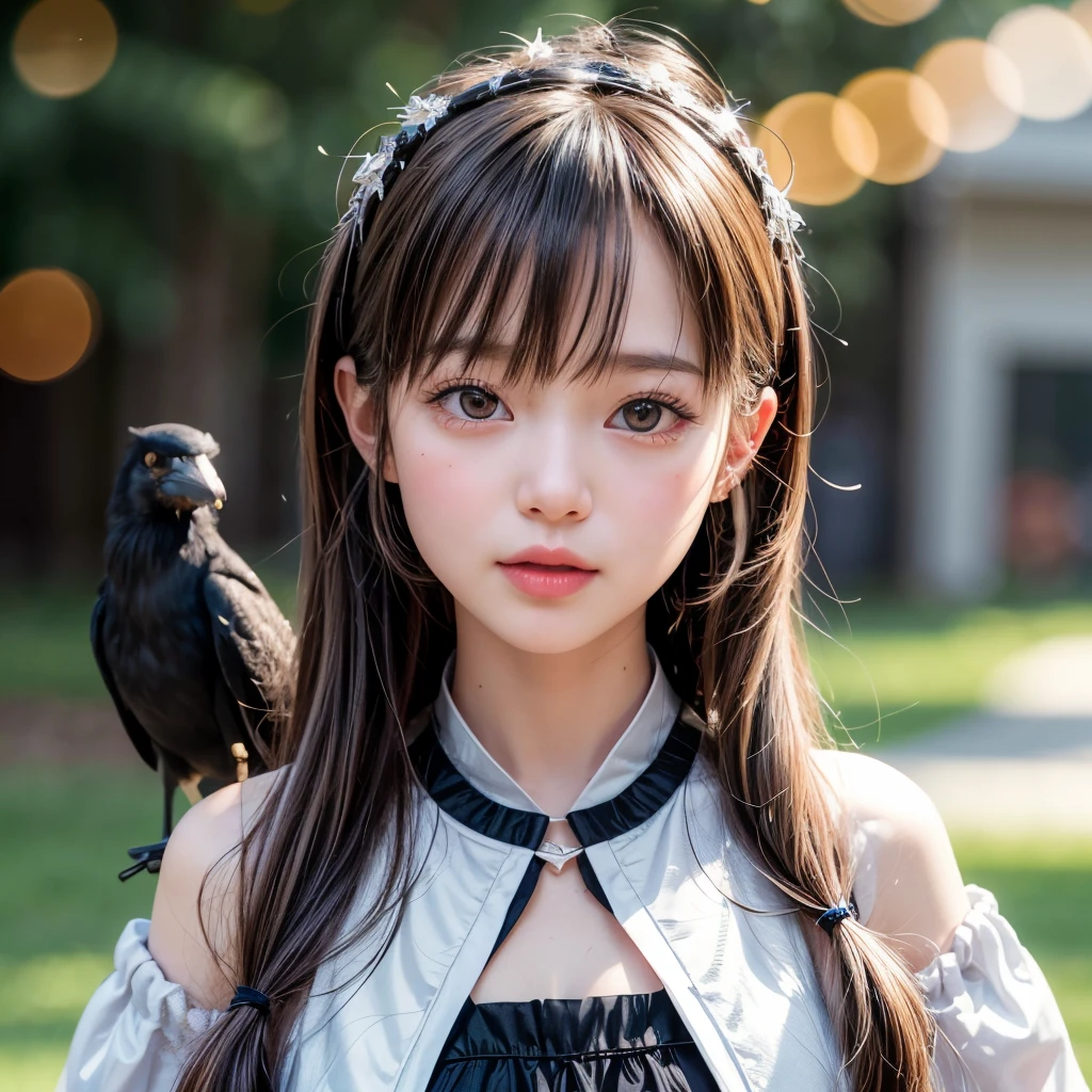 NSFW, 8k, High-level, absurd, masterpiece, best quality, primitive, very detailed CG, very detailed wallpaper, perfect lighting, Extremely detailed (((The personifying " Thick-billed Crow " as a ))), MysticSight, Tyndall effect, Tyndall scattering, Studio gray background with (many Dazzling RainbowColor particles BokeH:1.28), (RoundlyButts, ThighGap), (Exposed:0.4), (Assfocus with looking ahead), BREAK (NOGIZAKA face variations) Extremely Detailed very KAWAII face variations, perfect anatomy, Childish, captivating gaze, elaborate detailed Eyes with (sparkling highlights:1.28), long eyelashes、Glossy RED Lips with beautiful details, Coquettish tongue, Rosy cheeks, Radiant PearlSkin with clear transparency . { (Dynamic LifeLike expressions:1.4) | :d) }, (large eyes:-1) .