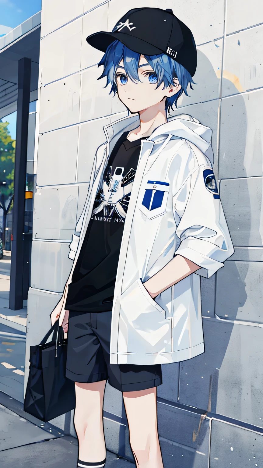 1 boy, blue hair, blue eyes, whole body, wear a bag, black short sleeve tee, white outerwear, Black hat, University Background
