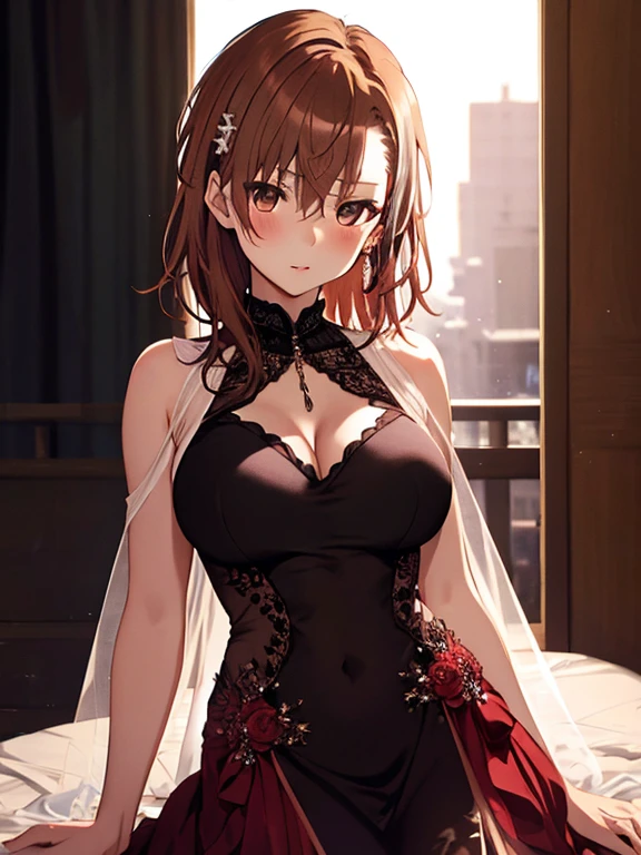 Misaka Mikoto, Evening Dress, Evening Party, uhd, retina, masterpiece, ccurate, anatomically correct, textured skin, super detail, high details, high quality, best quality, highres, 4K