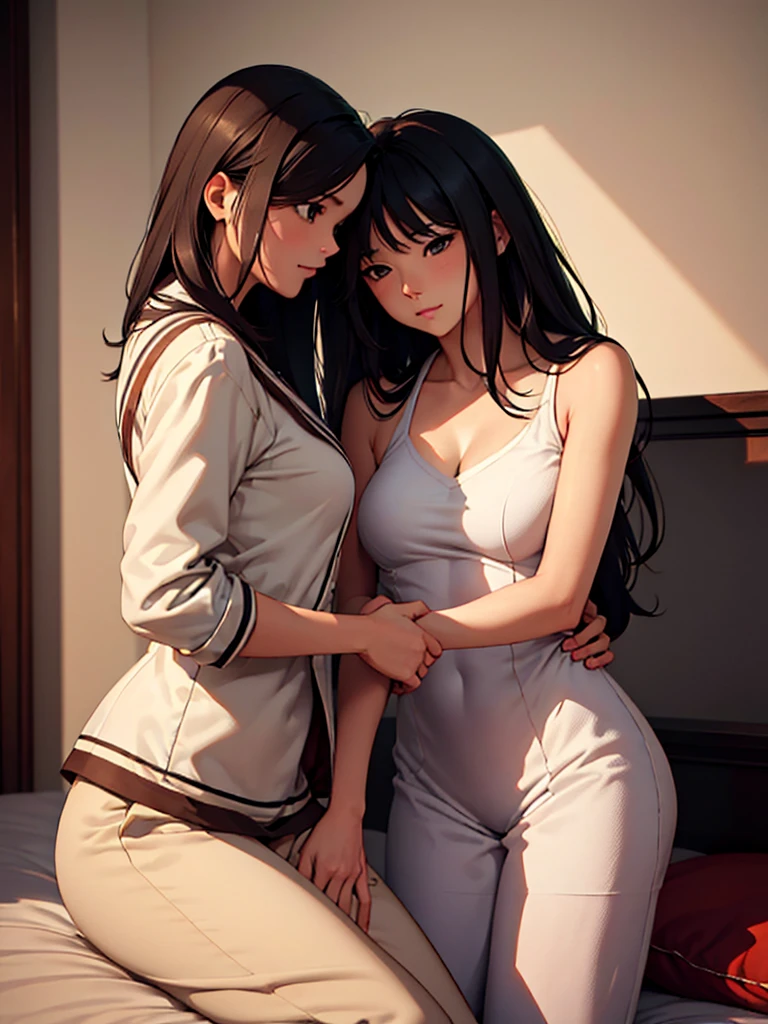 (masterpiece、top-quality、hight resolution、Unity 8k Wallpaper、extremely details CG:1), The film describes a scene where two women are about to begin a lesbian sexual act together at the side of a bed in a private room. The young woman, nervous for the first time, is being coached by an experienced lesbian senior. The senior gently touches the young woman's body and gently teaches her lesbianism. The intimate setting accentuates their loving relationship and shows the young woman's desire for the unknown and pleasure from her senior. nsfw