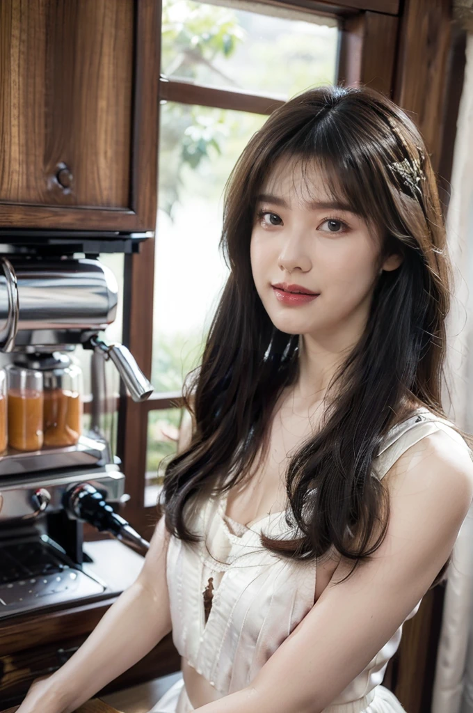 Best quality,Masterpiece,超高分辨率,(Realisticity:1.4),Original photo,Cinematic lighting,1girll,goodlooking,Draped with hair,With a hair card,Sweetly holding milk tea,In the mirror,Take a picture with your phone