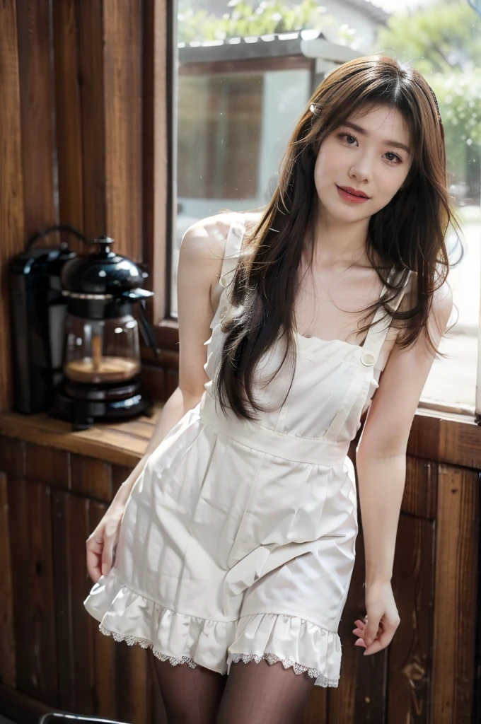 (((best quality))),(((ultra detailed))),(((masterpiece))),illustration,1girl,maid cafe,stunningly beautiful,slim,medium straight bob hair,flat chest,deep captivating eyes,maid costume,see through lace apron,short hemline,bare arms,arms behind back,thighs,slender legs,pantyhose,graceful movements,confident charm,warm genuine smile,France cafe,delicious coffee pastries,warm inviting atmosphere,joyful eyes,Coffee Machine,upper body