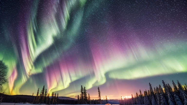 8K,Masterpiece、Swedish Winter、Amazing pink and green sky with aurora and stars,