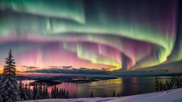 8K,Masterpiece、Swedish Winter、Amazing pink and green sky with aurora and stars,