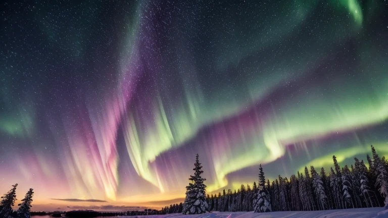 8K,Masterpiece、Swedish Winter、Amazing pink and green sky with aurora and stars,