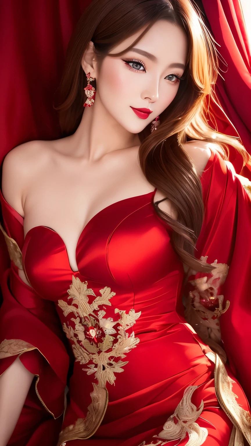 A beautiful queen, wearing a red antique dress with gold trim, beautiful face, long hair, a golden crown on her head, mysterious neck and hair jewelry, light red iris, round big eyes, thin and sharp eyebrows, every detail details meticulous and sharp eyelashes, red lipstick  lips, slender shoulders, plump breasts, large, round and regular breasts, slender waist, RAW photos, detailed photos, highest quality photos, 8k queen upper body,