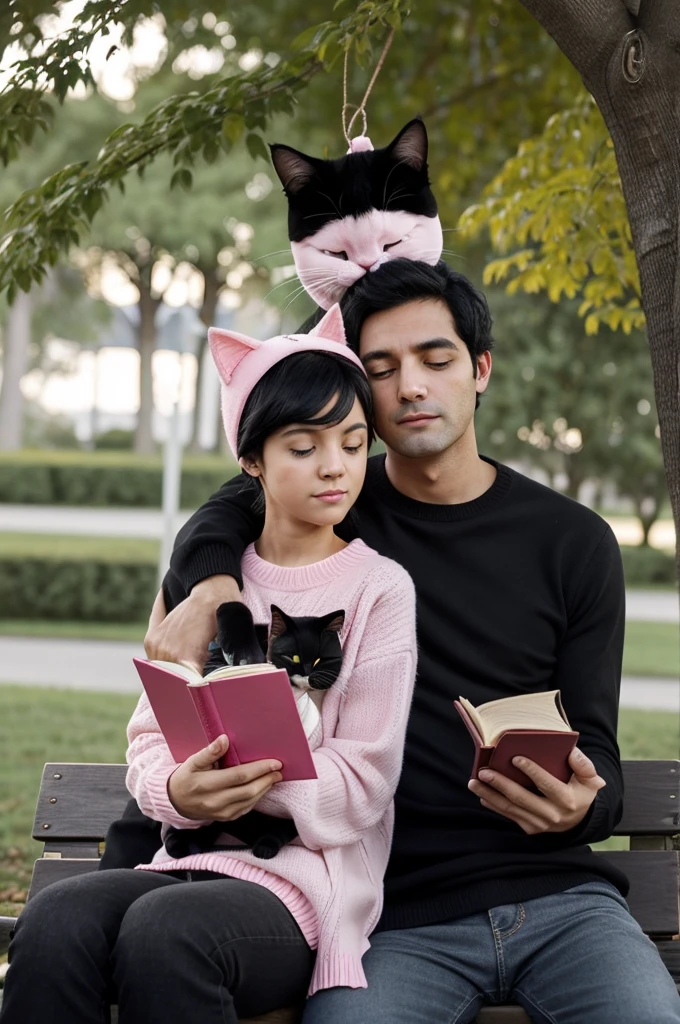 A short man with white skin, a pink sweater and a pink cat sweater hat, black cat ears, black eyes, and he was reading a book and was embarrassed. And he was sitting on the lap of a man, black hair, tall, black shirt, dark gray jeans, black eyes, black cat ears, white skin, under a tree in the evening.