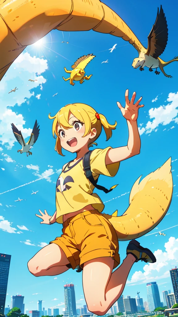 Summer in Tokyo, a small yellow dinosaur and a in shorts flying above the blue sky, a mysterious world, dynamic poses, happy expressions,