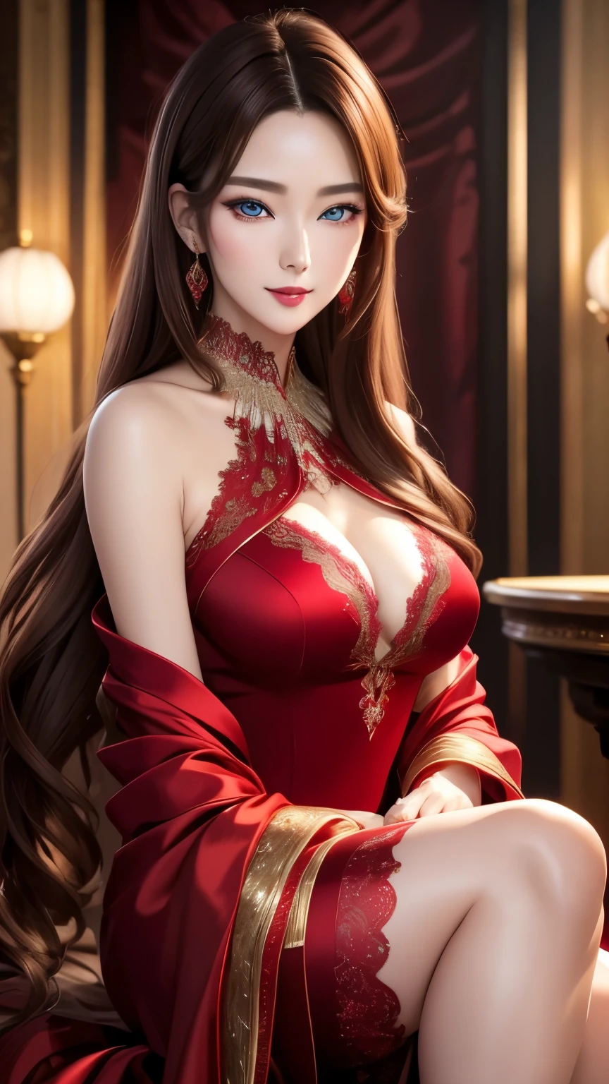 best quality, super fine, 16k, RAW photo, photorealistic, 2.5D, incredibly absurdres, extremely detailed, delicate, flashy and dynamic depiction, beautiful woman like Reiji Matsumoto draws, intelligent cool beauty, excited look, glossy light brown hair, beautiful bright sharp eyes, glossy red lips, wearing gorgeous and glamorous black evening dress, red lines, shiny satin fabric, lace, embroidery, robes, shawls, accessories, superlative body proportion, gorgeous and gorgeous effects, background aristocratic social setting