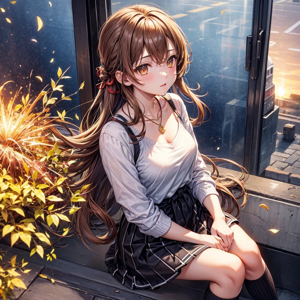Red, brown, gold, gold hair、Golden Eyes、Hair tied up、One good looking girl、solo、anime、Checkered mini skirt、Ruffles on the skirt、camisole、camisole、Lightweight cardigan、Black knee-high socks、Wearing a baseball cap、Ribbon、Ribbon on waist、Teeth are visible、Sunset sky、Cumulonimbus、Silver coin necklace、shine、From above、Sparks are flying、tunnel、Cobblestones、Sitting on the stairs、waterfall