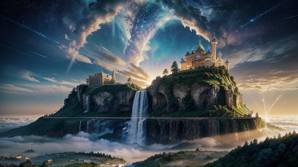 Heaven, landscape ilustration, sky, cloud, shine, a palace made from white diamond, waterfall, flowing waters, sparkling light stars, flying fairy angels at the sky, magical fog, a magical places, dream world