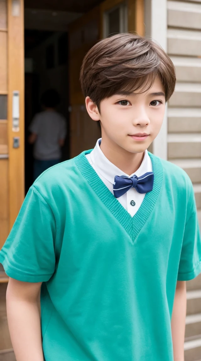 boy, , with light brown hair, eyes browns, SOCIAL CLOTHES, butterfly necktie, Garden, Sunnyday, Grinning