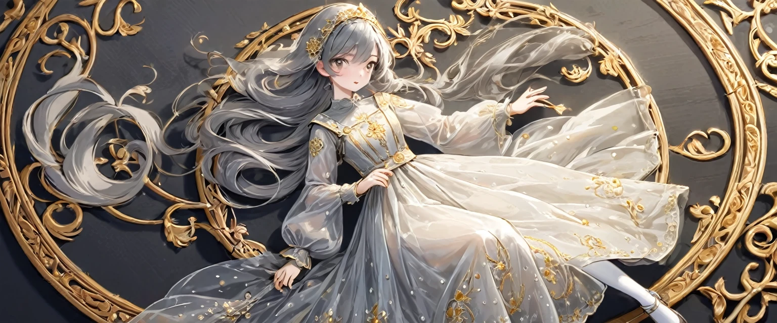 girl, Gold and silver embroidery, White-gray pearl medieval long dress（With panniers）, Translucent fabric, Pull up the dress by hand, Strong winds, Translucent slip, Grey translucent tights, Peeking from below, Highest quality, Disorder of clothing, sit