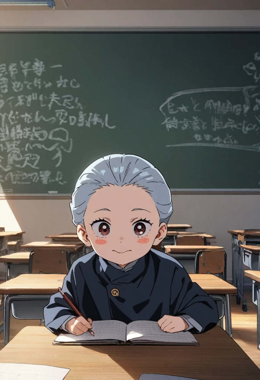 Highest quality, movie image quality, cute with a good face in the classroom, desk, chair, blackboard, classmate with (8 years old, little , cute), Jujutsu Kaisen style
