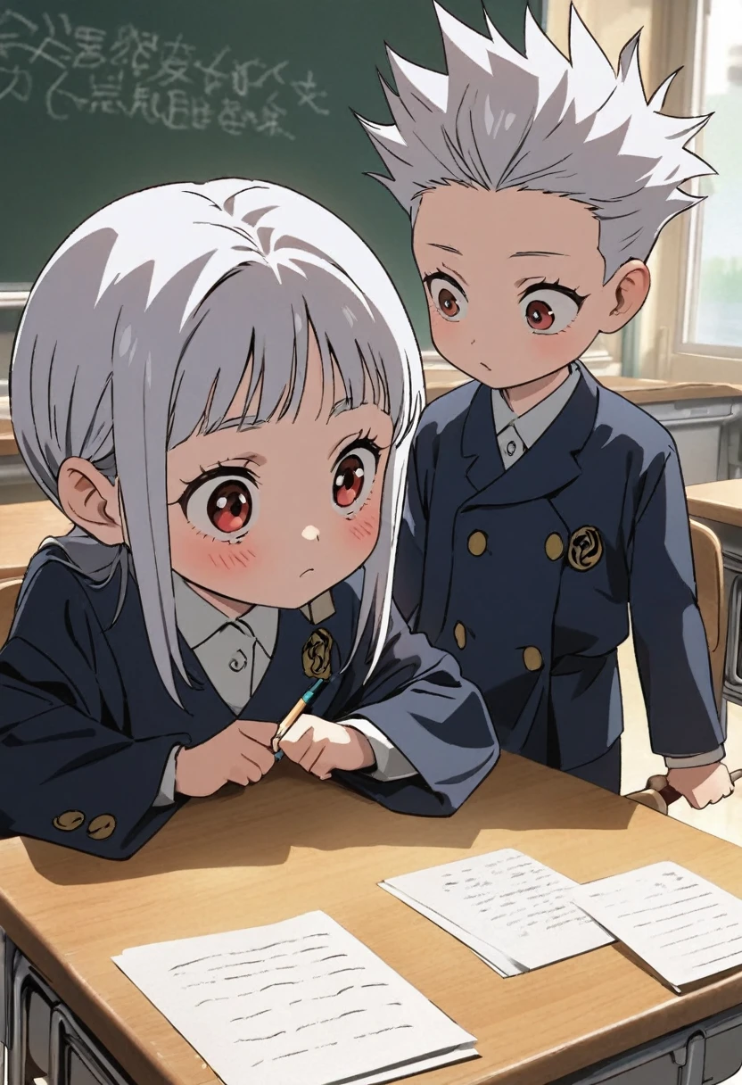 Highest quality, movie image quality, cute with a good face in the classroom, desk, chair, blackboard, classmate with (8 years old, little , cute), Jujutsu Kaisen style