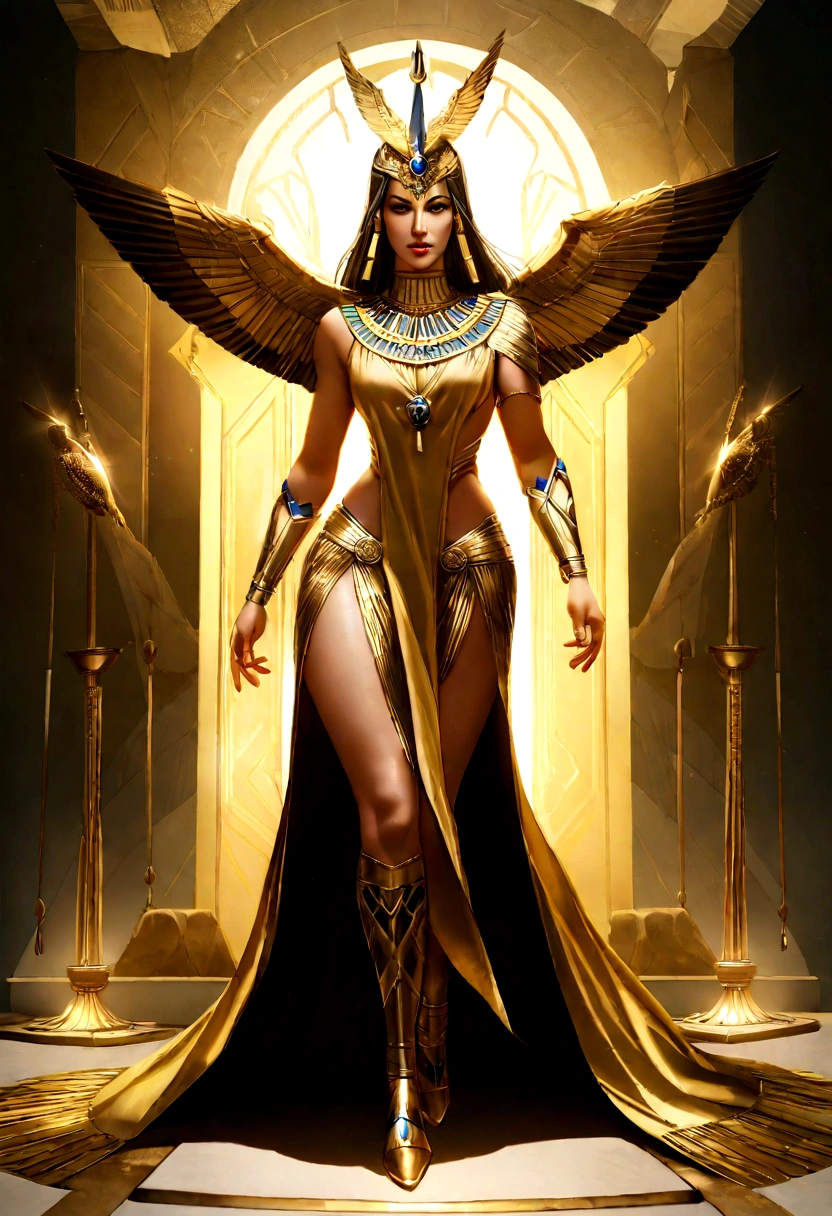 full body with legs , Isis: Main goddess of the Egyptian pantheon dressed in gold and golden makeup, in the style of Egyptian gods, coberto de joias de luxo, joias, luxo, Branco escuro e bronze escuro, joias de pintores e escultores, Detalhes altos, Realistic, Detalhamento ultra intrincado, 8k, Cinematic lighting, cinemactic. Image with at least 300dpi resolution