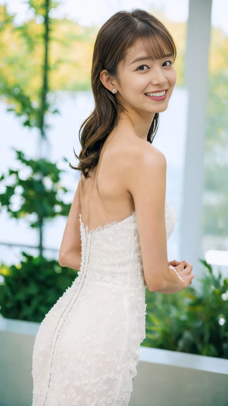 ((Highest quality)), ((8K)), ((masterpiece: 1.3)), (Perfect appearance), (Photorealism: 1.6), (JMA), (KE), (Japan Bride), (In front of the church), (sunny), Japanese women, (60 years old), (Natural light), ((Stand upright, Look forward, Center of screen)), ((Realistic skin texture)), (Fine wrinkles appear all over the skin), (Dullness), (Unmoisturized skin) , (Facial wrinkles), (Wrinkles around the eyes), double eyelid, Lower eyelid tear trough, The eyes are looking here, (Dimples), Laugh with the corners of your mouth wide open, Short Hair, (Blonde Hair), (Wedding dress), (Mermaid Line Dresses), (Face-hiding veil), (Bridal Veil), High heels, (Bouquet in hand), (Upper Body), (Angle from the feet),