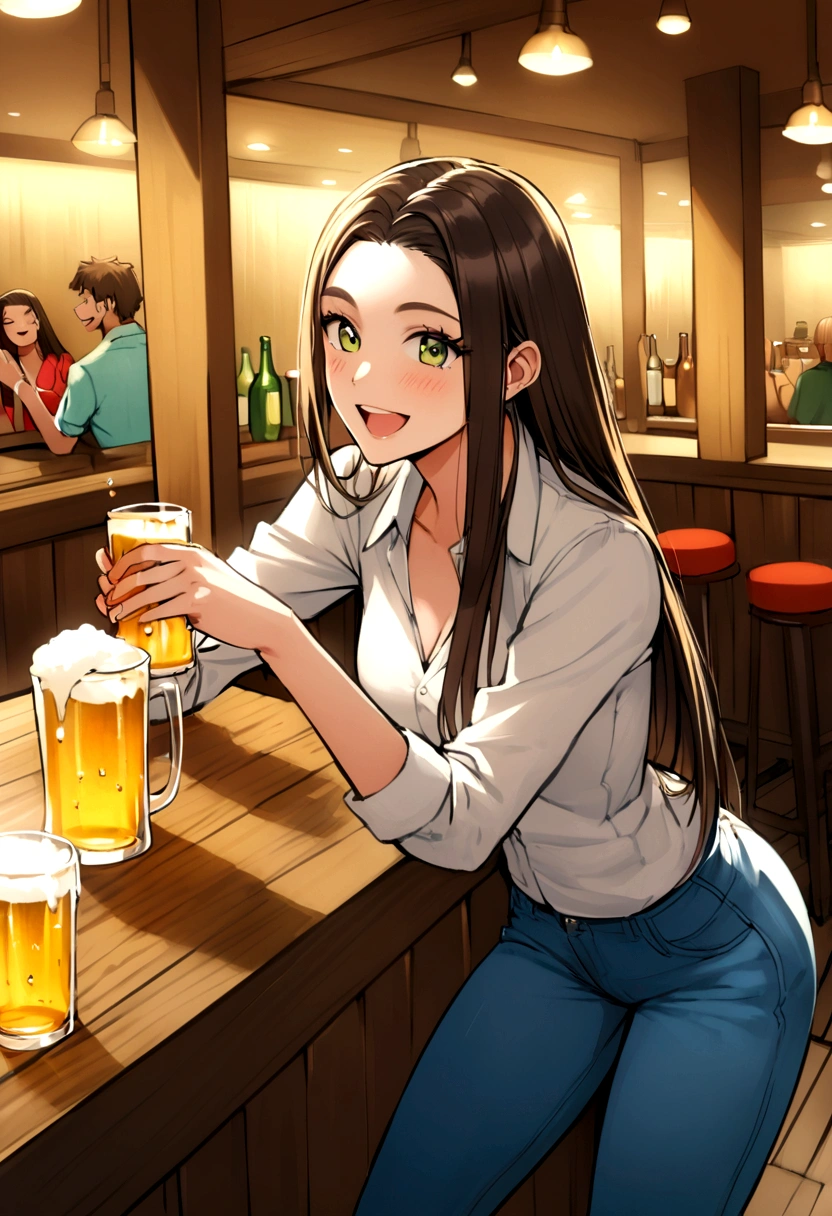 Brazilian, 20 years old, brunette, straight hair, happy, IN A Brazilian BAR, drinking a beer, wearing jeans