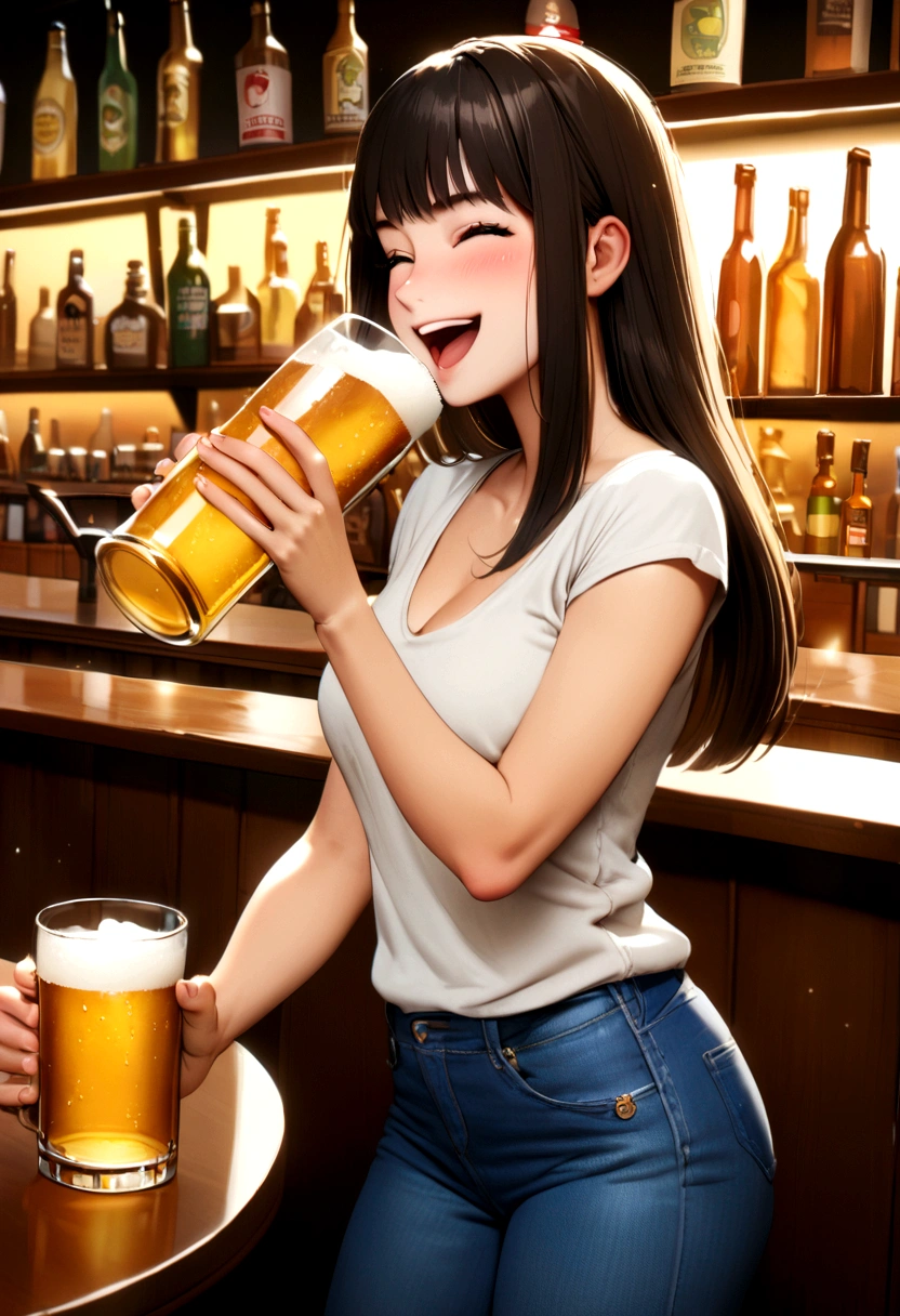 Brazilian, 20 years old, brunette, straight hair, happy, IN A Brazilian BAR, drinking a beer, wearing jeans