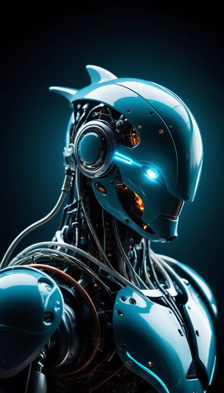 Translucent movie stills (Dolphin as a cybernetic robot:1.5), (Glowing Veins:1.3) (The cable enters the body, circuit:1.3), Very detailed, Vignette, Very detailed, High budget, Bokeh, Sulky, amazing, nice, Film Grain, granular