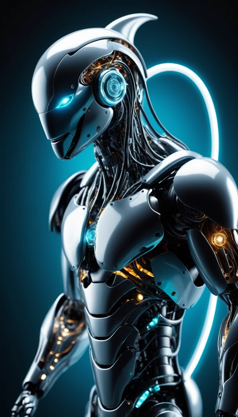 Translucent movie stills (Dolphin as a cybernetic robot:1.5), (Glowing Veins:1.3) (The cable enters the body, circuit:1.3), Very detailed, Vignette, Very detailed, High budget, Bokeh, Sulky, amazing, nice, Film Grain, granular