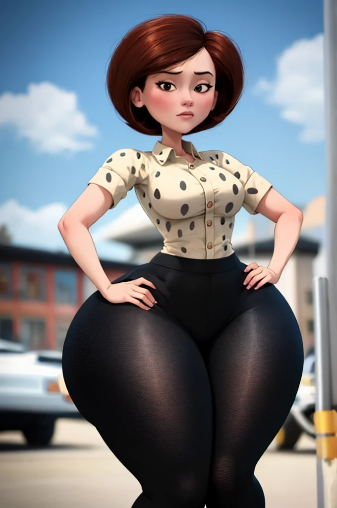 masterpiece, best quality, outdoors, lens flare, depth of field, 1girl, solo, looking at viewer, breasts, helenparr, polka dot, collared shirt, dress shirt, buttons, black pants, hands on hips, big ass, thick thighs, wide hips,
