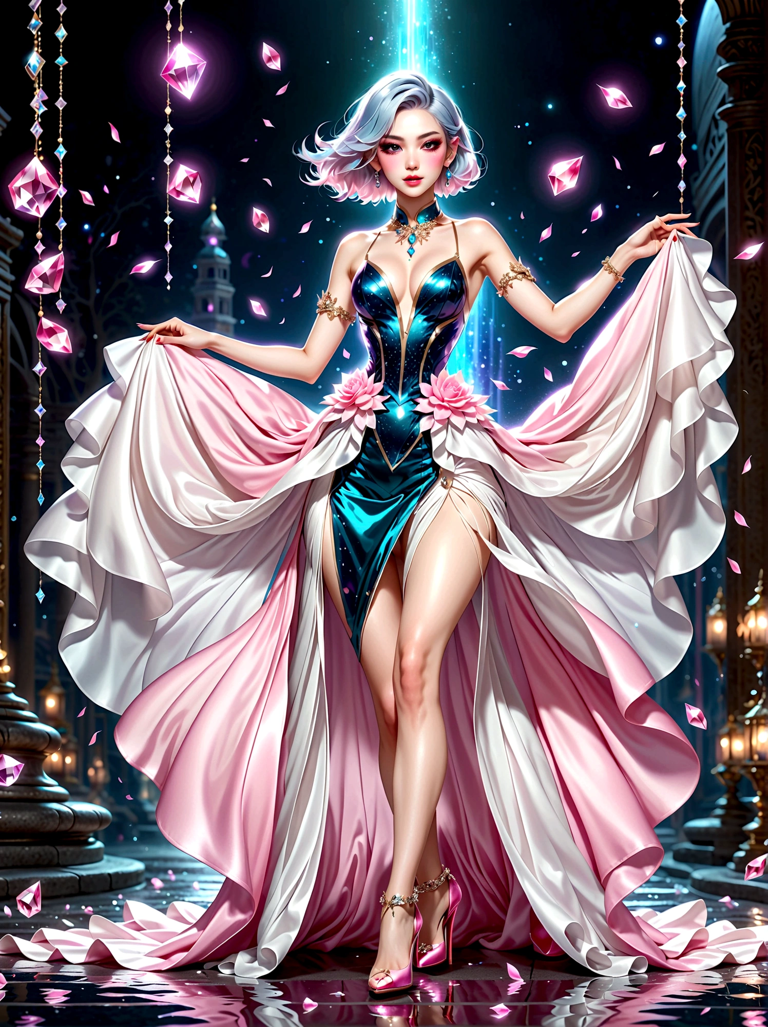 ((masterpiece))，Best quality，absurd，Ultra Detailed，(Full body shot:1.5)，Golden Ratio，Super cute and beautiful Asian idol girl，Beautiful Drag Queen，Manners are elegant，Shoulder-Length Light Teal Hair，Wearing an edgy bob，Her makeup is mesmerizing，Eyeshadow glitter，Ruby red lips。She was wearing a gorgeous evening gown，(The skirt is dragging on the ground:1.3)，The shoes on her feet are covered with various sequins and beads，sparkling，(Pink crystal high heels:1.5)，Dark theme elements, Pencil Sketch，(rococo style, Romanticism, modern, uhd, anatomically correct, accurate, textured skin, 8K)