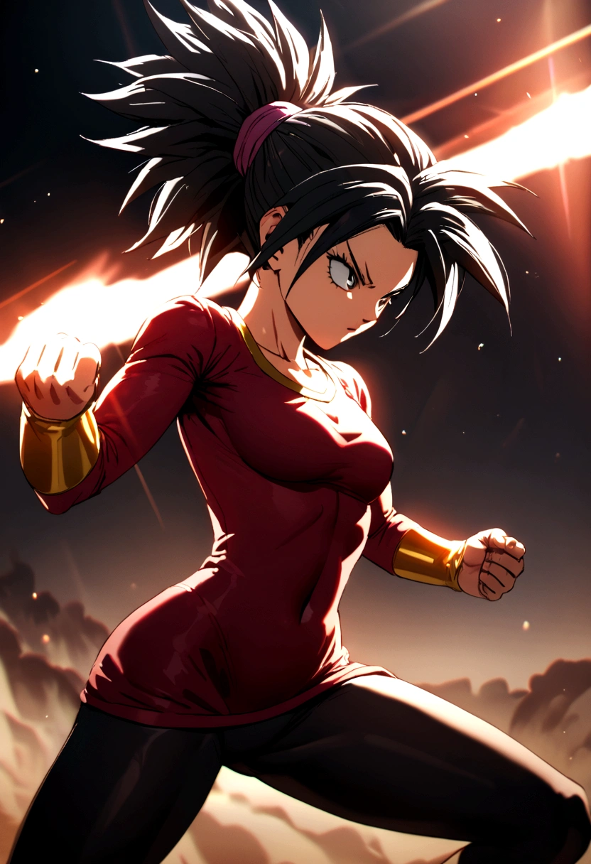 Kefla with black hair up, with red top and leggings, One punch man style