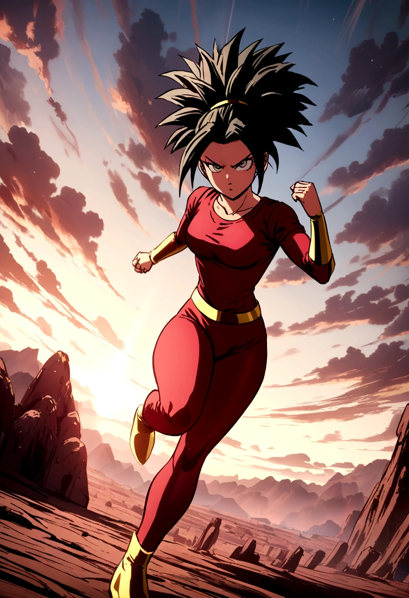 Kefla with black hair up, with red top and leggings, One punch man style