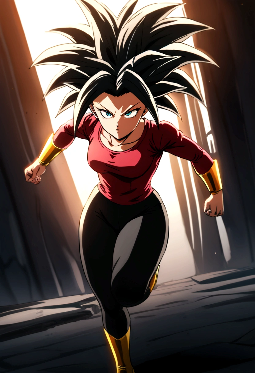 Kefla with black hair up, with red top and leggings, One punch man style