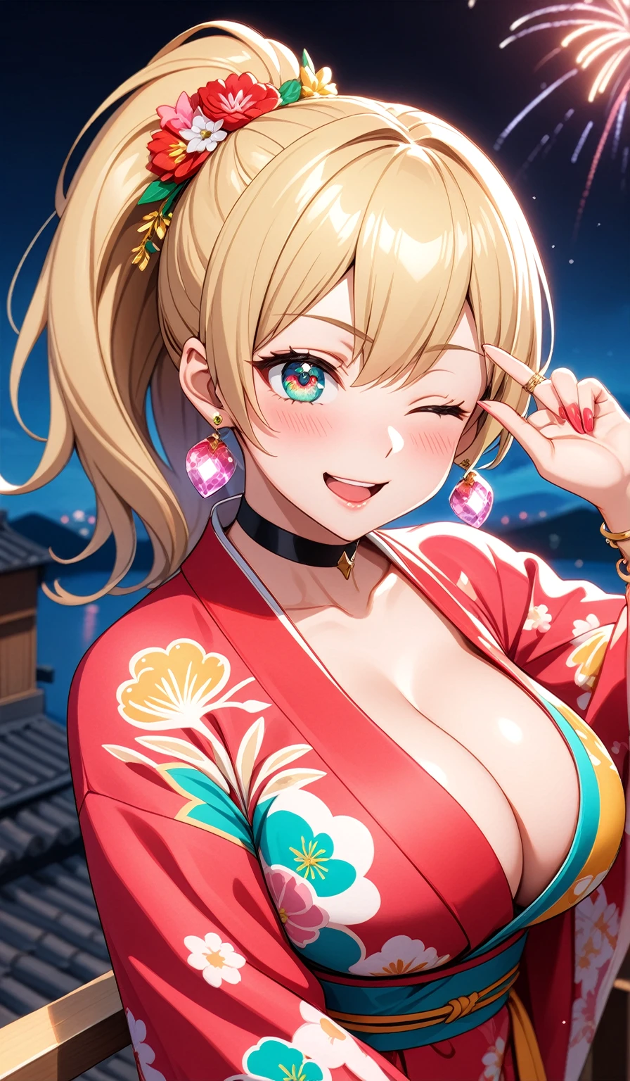 ((One personの女性)), Beautiful Face,Laughing embarrassedly,((one eye closed:2.0)),Laugh with your mouth wide open((Bright red cheeks:1.4)),Glossy pink lips,night,rooftop,Festive decorations,You can see the ocean, firework,Laughing with your mouth open,Glossy pink lips,Lighting on the face,((Anime style background)),masterpiece, Highest quality, so beautiful,Latest, Complex details, (Pink long nails),(ring),(bracelet),(choker),AI-generated, Complex,High resolution, Highest quality, super high quality,3D Images、View your viewers、3D Images,One person,Long blonde hair,High Ponytail,(Turquoise Eyes),Anime woman posing for a photo, ((Fine grain、Colorful Eyes、Shining Eyes:1.4)),(Squint your eyes:1.4),a hyperRealistic , hyperRealistic , Realistic,Anime woman with long and white hair, Smooth anime CG art, A woman in a colorful kimono with gold embroidery, (Pink long sleeve kimono),Red floral pattern,Long flower hair ornament,big floral earrings,Mature Body,(Big Breasts:1.1),Tall,Abdominal muscles,Narrow waist,(Zoom in on face:1.7),Shooting from below at an angle