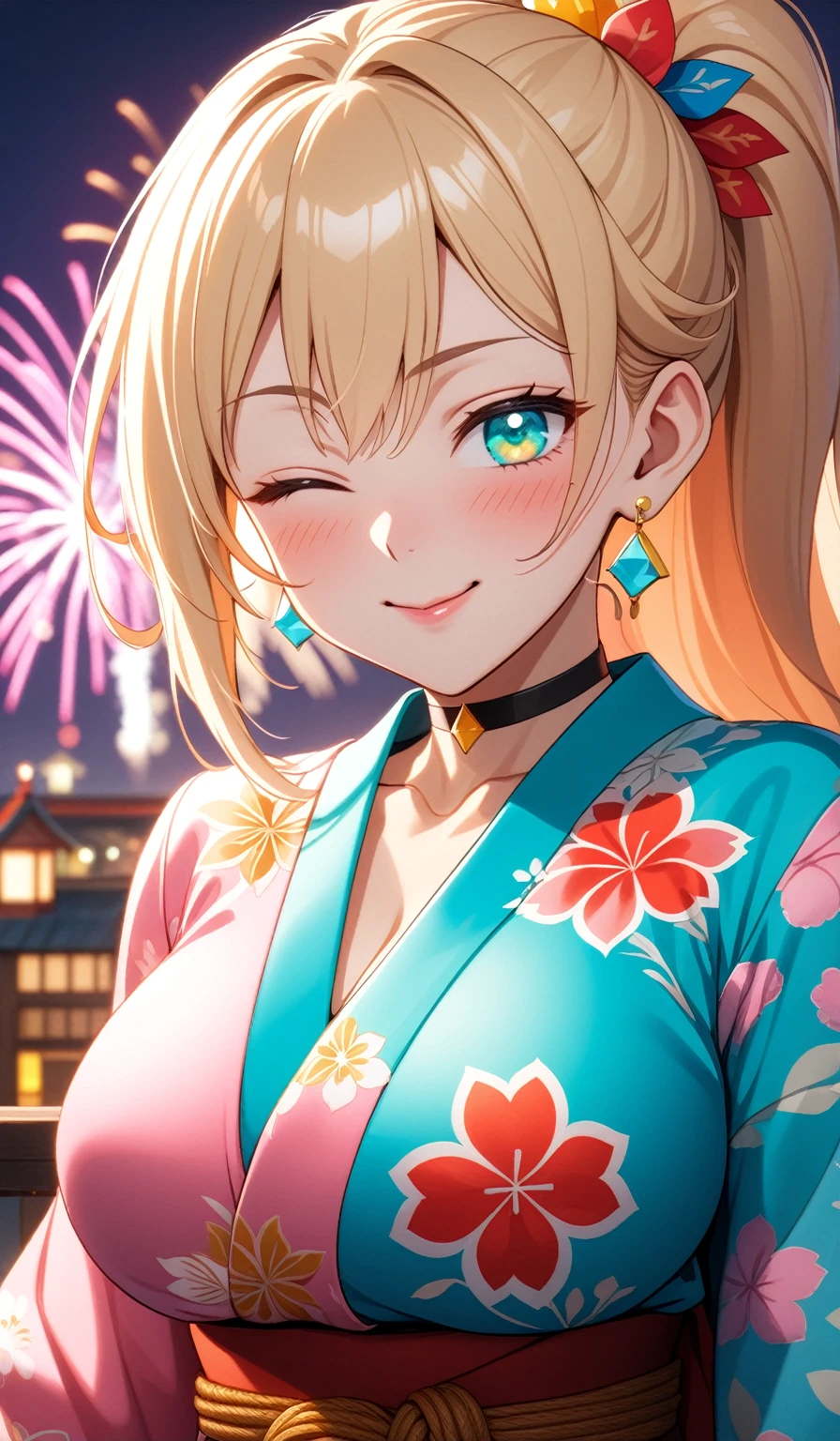 ((One personの女性)), Beautiful Face,Laughing embarrassedly,((one eye closed:2.0)),Laugh with your mouth wide open((Bright red cheeks:1.4)),Glossy pink lips,night,rooftop,Festive decorations,You can see the ocean, firework,Laughing with your mouth open,Glossy pink lips,Lighting on the face,((Anime style background)),masterpiece, Highest quality, so beautiful,Latest, Complex details, (Pink long nails),(ring),(bracelet),(choker),AI-generated, Complex,High resolution, Highest quality, super high quality,3D Images、View your viewers、3D Images,One person,Long blonde hair,High Ponytail,(Turquoise Eyes),Anime woman posing for a photo, ((Fine grain、Colorful Eyes、Shining Eyes:1.4)),(Squint your eyes:1.4),a hyperRealistic , hyperRealistic , Realistic,Anime woman with long and white hair, Smooth anime CG art, A woman in a colorful kimono with gold embroidery, (Pink long sleeve kimono),Red floral pattern,Long flower hair ornament,big floral earrings,Mature Body,(Big Breasts:1.1),Tall,Abdominal muscles,Narrow waist,(Zoom in on face:1.7),Shooting from below at an angle