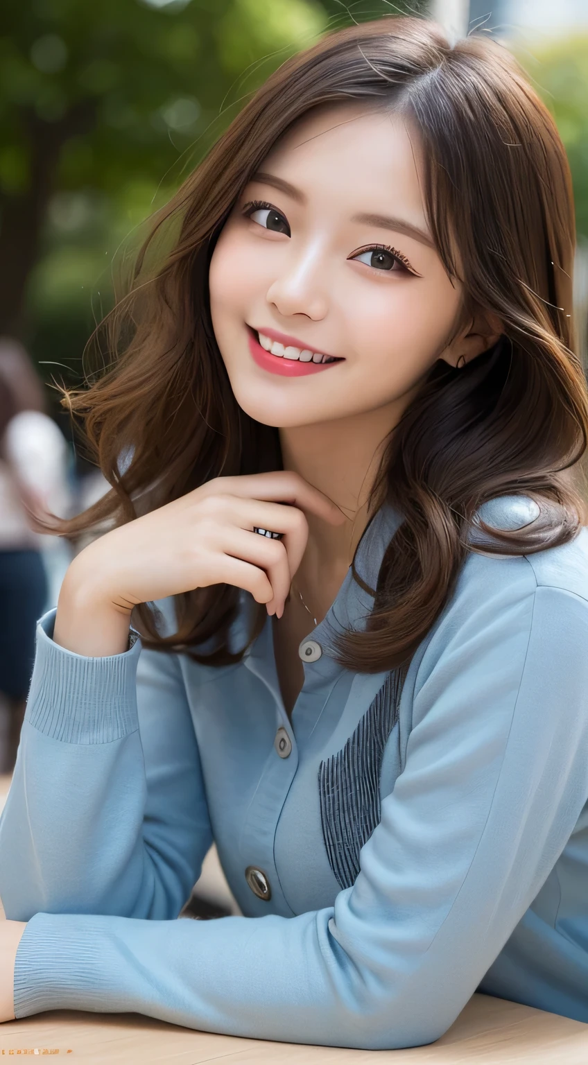 Tabletop, Highest quality, figure, Super detailed, In detail, High resolution, 8k wallpaper, Perfect dynamic composition, Beautiful attention to detail, Autumn fashion for women,Wavy Hair,huge 、Natural color lip, Bold sexy pose,smile,Harajuku、20-year-old girl、cute、sexy shot looking at camera、Close-up of face
