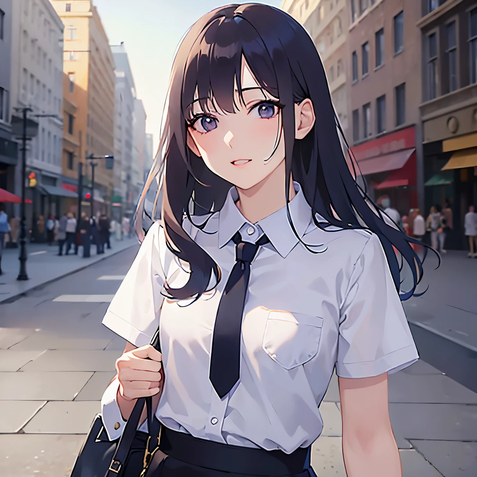 Detailed CG, Ultra-fine illustrations,masterpiece,highest quality, AW Photos,Realistic,BREAK(white collared shirt:1.5)BREAK,(Pale skin:1.2),Shiny skin Shiny Hair,(A 26-year-old woman with straight hair and bangs)and(Medium Hair)and(Black Hair)and(Purple eyes),(light smail:1.5)and(upturned eyes:1.3),(Biologically correct５Fingesurprised)and(missing fingers),The background is the city,alone,(arms behind back:1.5),Shooting from the sky