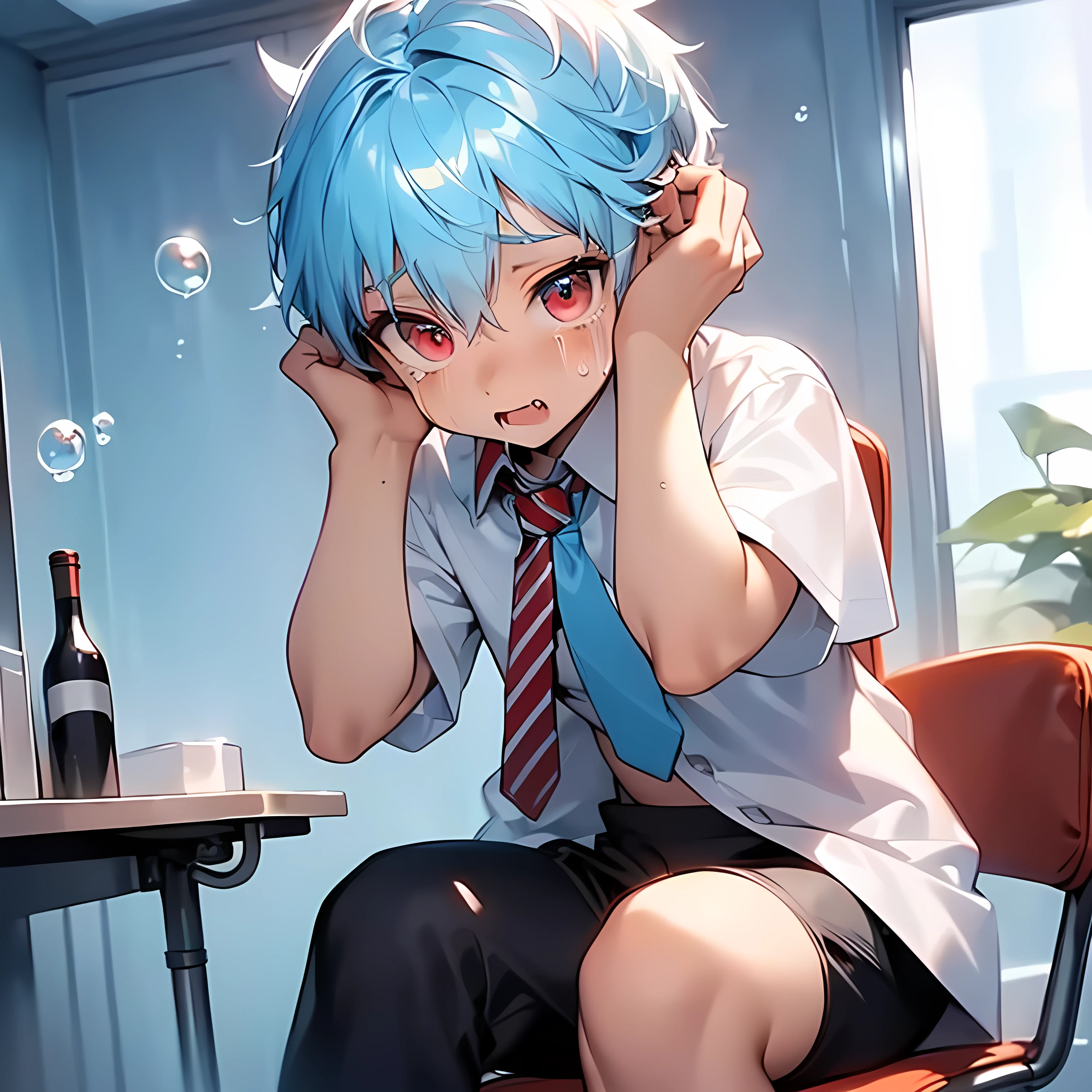 (boldline:-1.6), ((bubble)), (hands on his head:1.5), (sitting office chair:1.5), ((bubble)), (((fang))), (((best finger))), BREAK (best quality:1.5), (absolutely resolution:1.5), (ultra detailed:1.5), (masterpiece:1.5), (perfect face:1.5), (detailed face:1.3), (detailed eyes:1.5), (best eyes:1.5), (cute face), (:1.7), BREAK (white dress shirts:1.5), (red strips necktie:1.5), BREAK (black pants:1.5), (bulge:1.6), (skinny:1.3), (spiked hair), BREAK (light blue hair:1.5), (wine red eyes:1.4), (eyes with highlight:1.6), ((mole under eye)), (sweaty skin), ((crying)), (anguish:1.5), ((earrings)), (shiny skin:1.3), BREAK (office), (bottle on desk:1.3), (front desk), (silver computer), (sunlight), ((wind blowing)), (nippls, groin, from below,