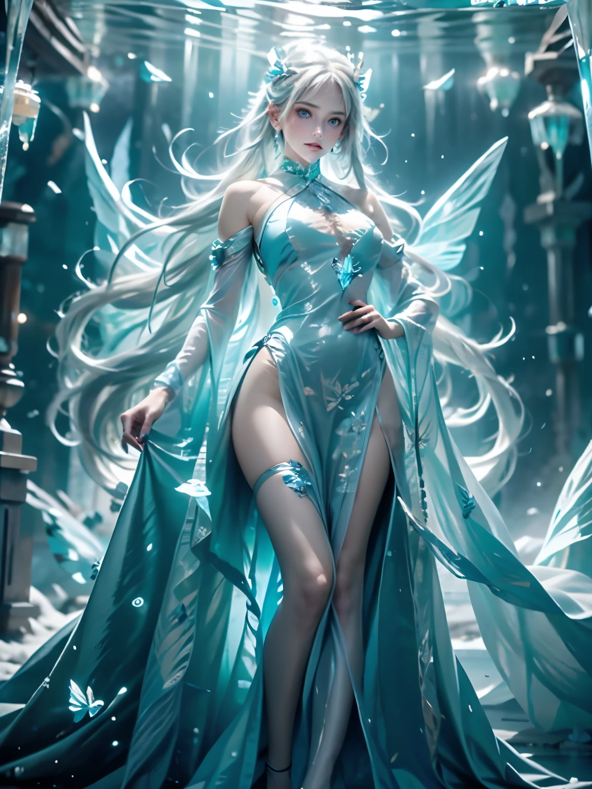 full body from legs to face , blue eyes, ultra detailed eyes, ultra detailed pretty face , light blue hair , naked ,full body image ,Frost Goddess,Frozen fluid ,Ice World,ice,Translucent ,blue nails, ice butterfly wings, crystal,glowing ,long hair, medium breasts, in the water background
