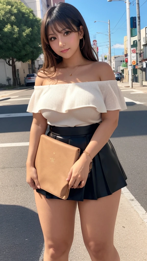 (nsfw:1.1),short black skirt,off-the -shoulder blouse,adult curvy body,(tanned japanese gyaru),thick thighs,seductive cute face,from below,upskirt,