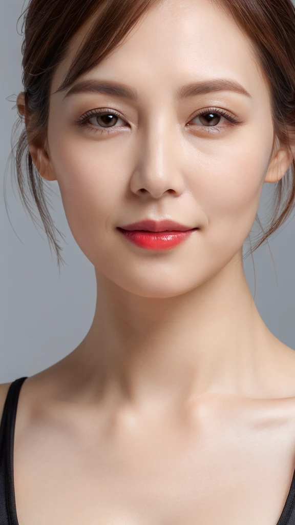 best quality, Practical, Very detailed, high resolution, 8K Gray Background, original photo, Professional photography, Reality, , 1 woman,45 years old expectation), Upper Body, short hair, Small, well-shaped breasts, Perfect face, (((Only the lips are red))), ((Looking at the camera)), (From below),Skin particles are clear,The pores on the face can be seen