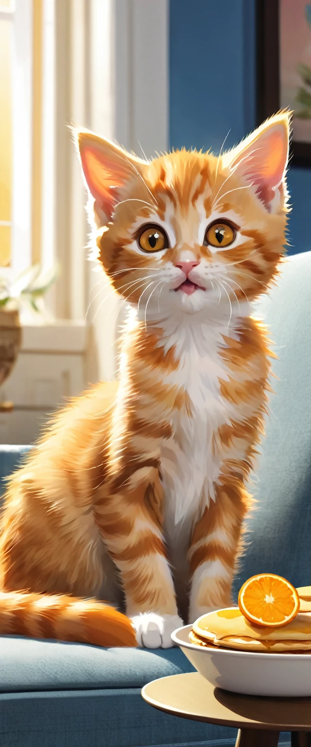 An orange kitten sits on a sofa in a cozy home, eyes wide with curiosity as it watches a vibrant television advertisement featuring golden stacks of syrup-drizzled pancakes. Its tail twitches in excitement, captivated by the delicious-looking breakfast.
