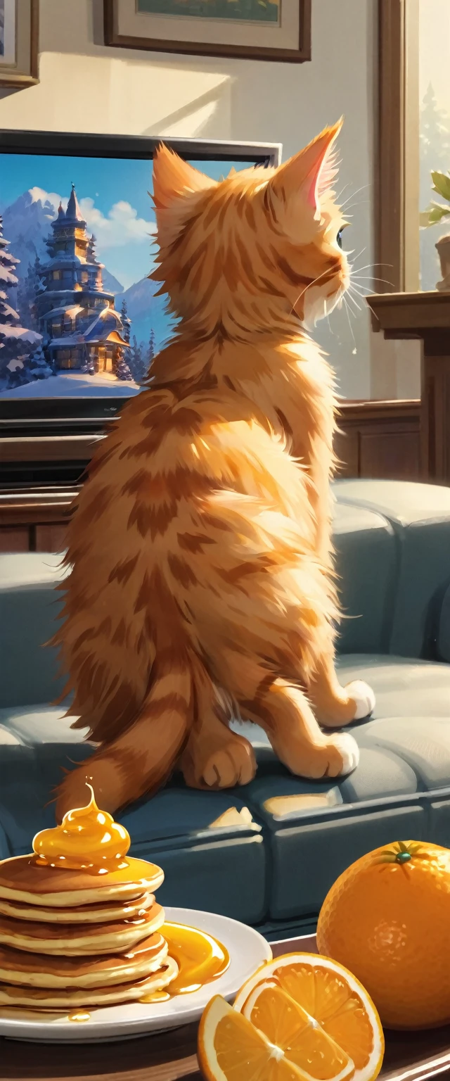 An orange kitten sits on a sofa in a cozy home, eyes wide with curiosity as it watches a vibrant television advertisement featuring golden stacks of syrup-drizzled pancakes. Its tail twitches in excitement, captivated by the delicious-looking breakfast.