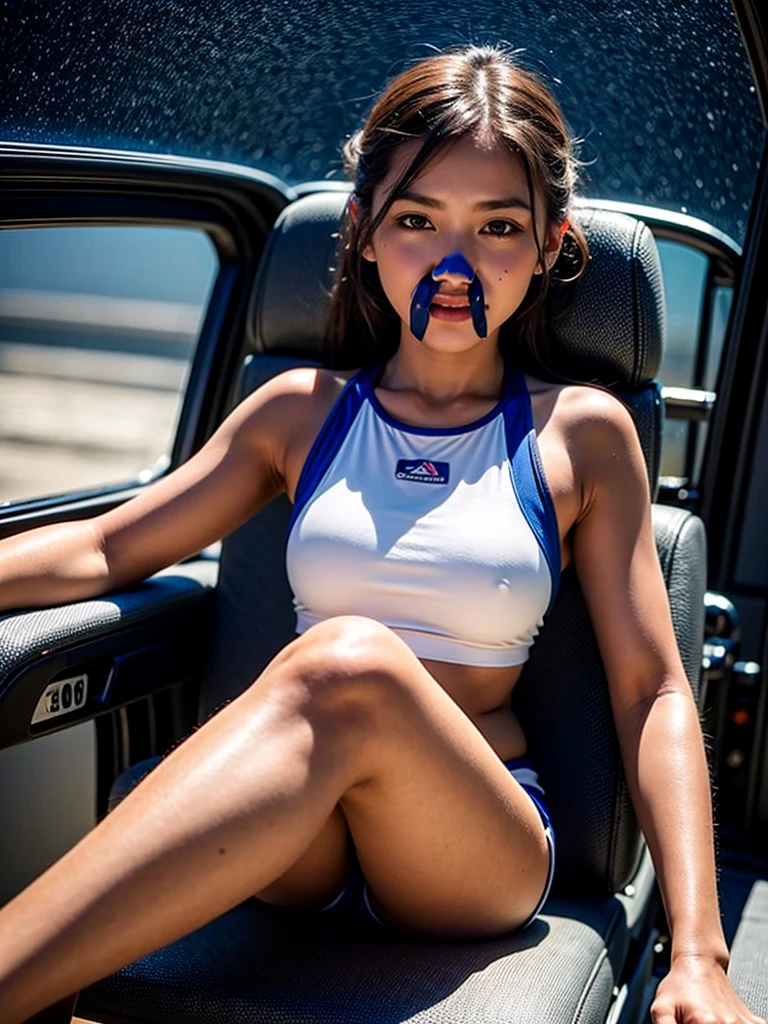 smile、Staring at the audience、Spaceman in space suit sitting in spaceship cockpit,wear spacesuits, Dressed in an astronaut costume, Cute girl in a tank top, girl in space, In space, Dressed in an astronaut costume, woman astronaut, Sitting on a chair with legs spread、