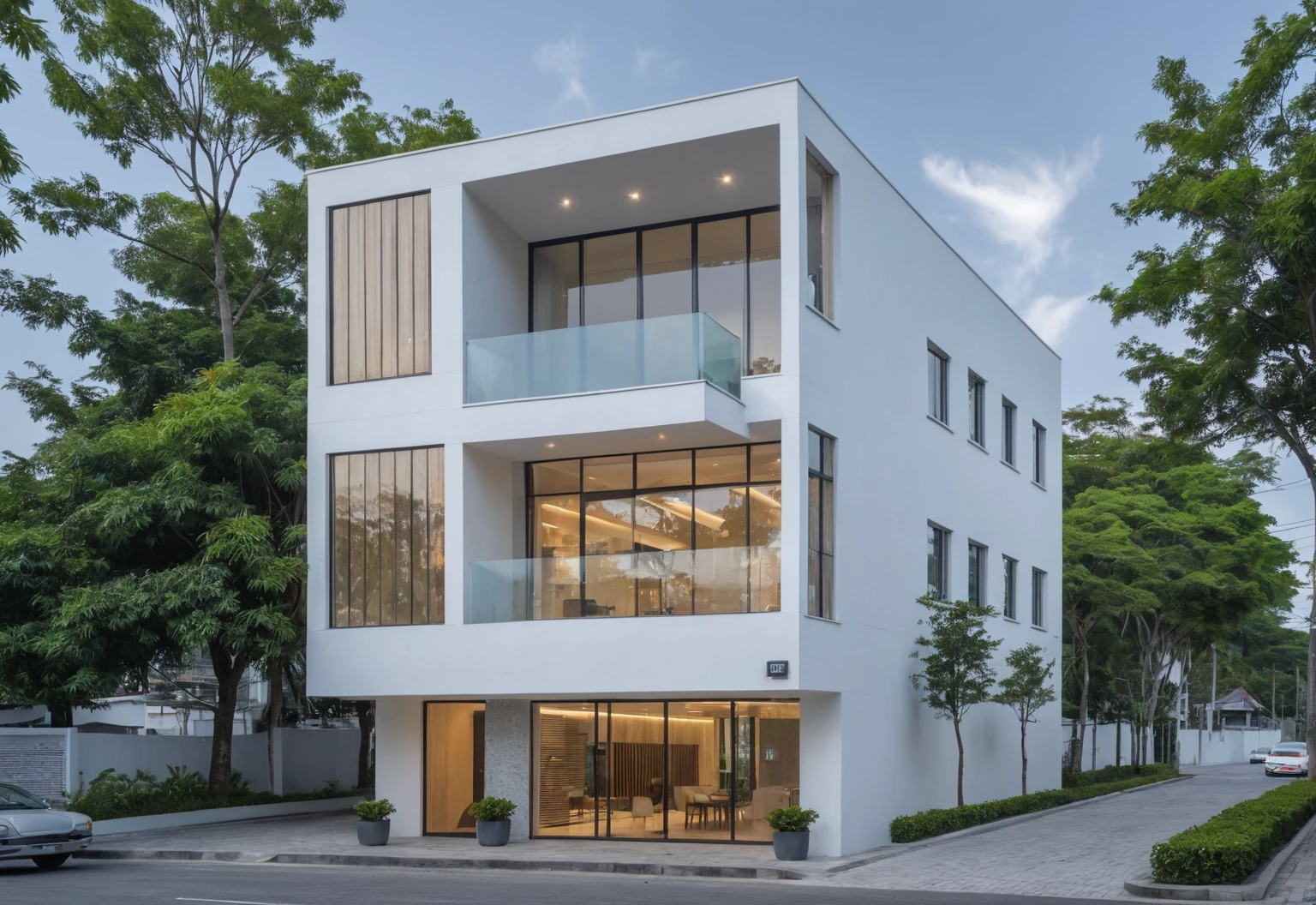 Raw photo,Masterpiece, high quality, best quality, authentic, super detail,
curvearchitecture, daylight, modernstyle, nhaphovn, outdoors, sky, tree, building, scenery, tropical tree, curved house
on the street, road, pavement, tropical trees, blue sky, day