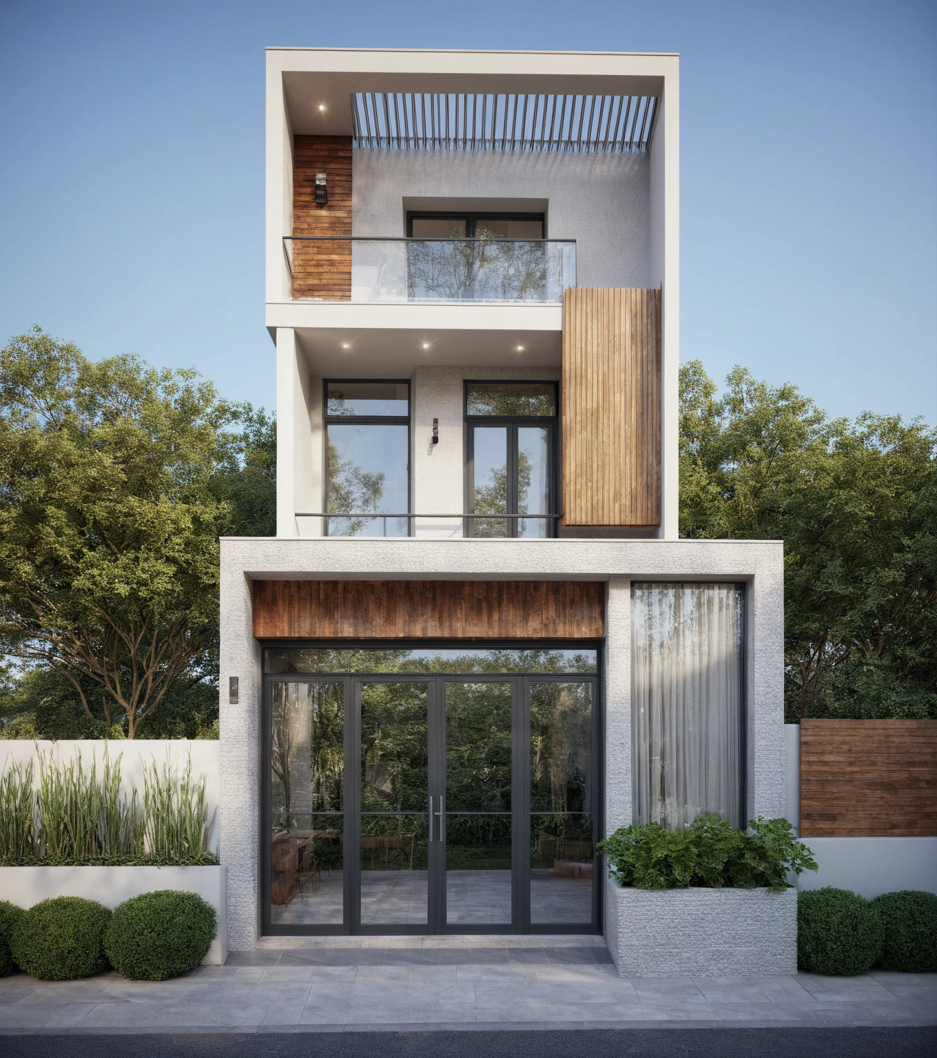 townhouse, (modern style:1.2), open roof top sky, exterior design, perspective view, (white wall:1.3), (block sidewalks and asphalt roads), (day sky background), Low trees around the house, (the house next door is lower than the subject designer's house), (mid day), (Neutral lighting is suitable for the townhouse, light color thermometer lighting), (architectural design visualization), (reflection), (focus on object), (material normal bump real reflection), (scattered light), (light ray), (multi-beam light), (sunbeam) (multi-level reflection), (chao vantage software visualization render),(((Best Quality))), ((Masterpiece)), ((best illustration)), ((best shadows)), ((Super Detail)), (Intricate lines), (Photorealism),(hyper detail), ((archdaily)), ((award winning design)), (dynamic light), ((day)), spotlight, (perfect light), (shimering light), ((photorealistic)), ((intricate detail)), ((extreme detail)), ((crazy detail)), ((octane render)), ((trending on artstation)), ((High-fidelity)), ((Viwvid)), ((Crisp)), ((Bright)), ((Stunning)), ((Eye-catching)), ((High-quality)),((Sharp))((Bright)), ((Stunning)), ((natural sun environment)), ((Eye-catching)), ((Illuminating)), ((Flawless)), ((High-quality)),((Sharp edge render)), ((medium soft lighting)), ((photographic render)), ((detailed archviz)), ((reality environment)), (modern townhouse design architectural design facade), (modern townhouse facade roof design), (modern townhouse facade wall design), (modern townhouse facade decoration material design) (townhouse facade door and window design modern), (environmental lighting design), (modern townhouse facade lighting design), (modern townhouse front gate and fence design), (Design lights for gate posts and fences), (townhouse facade railing design), (level of photo realism, depends on lighting, materials, composition, Real-Time Rendering, based on chao vantage timage rendering graphics software)