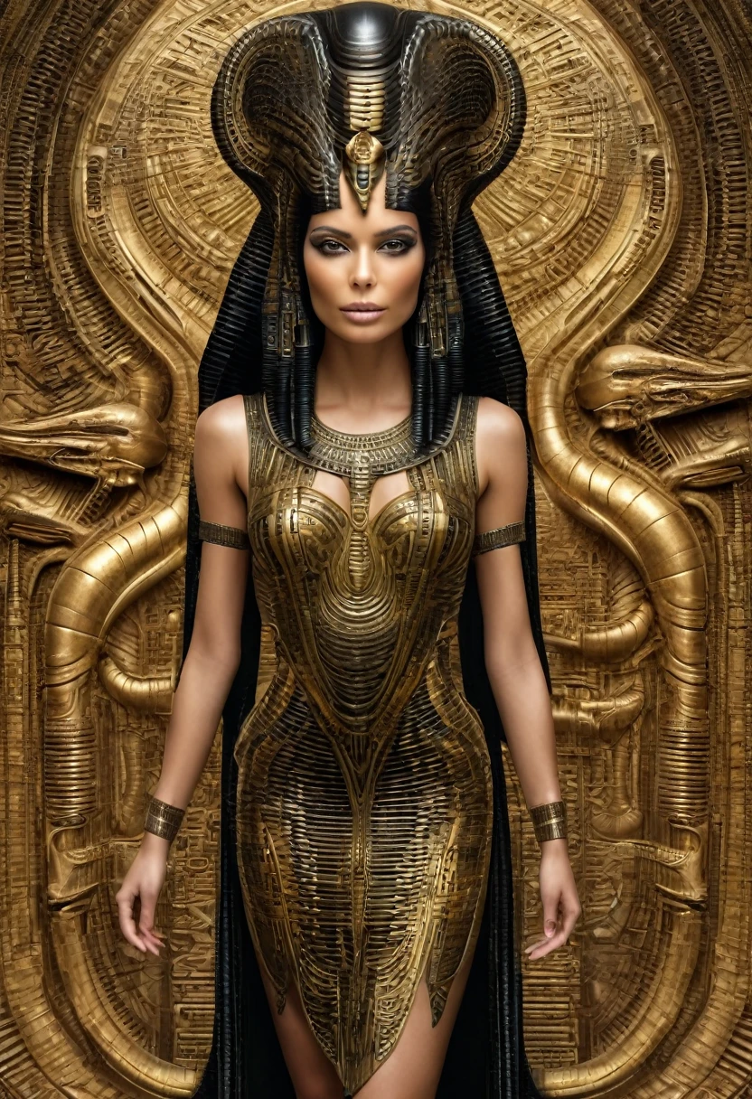 full body with legs , a beautiful girl in a black and gold dress., Egyptian style, Portrait of Sci Women - Fi, Portrait of a female man, Beautiful biomechanics, (Realistic face details), H. R. Giger, intricate detailed, very high details, photo-hyper-realistic, 8k, UHD, hyperdetailed, (Dynamic Poses:1.4),