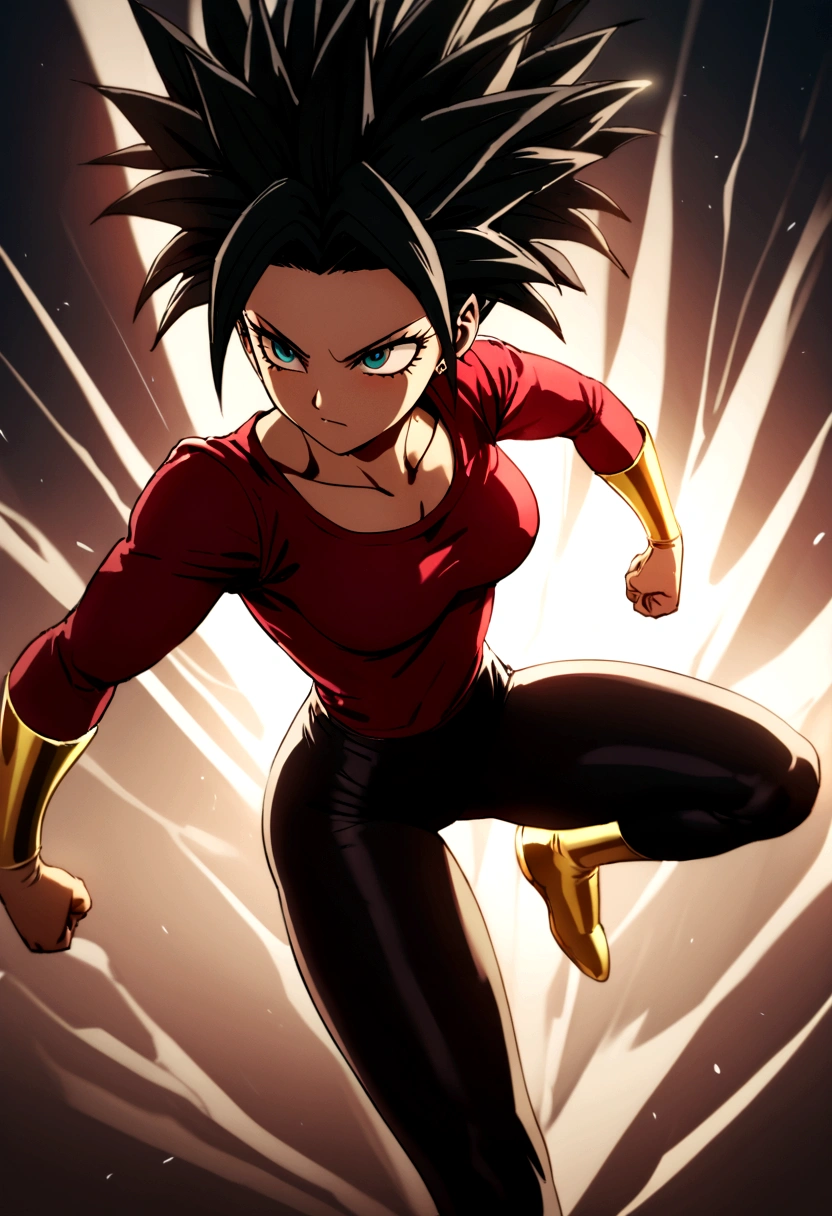 Kefla with black hair up, with red top and leggings, One punch man style