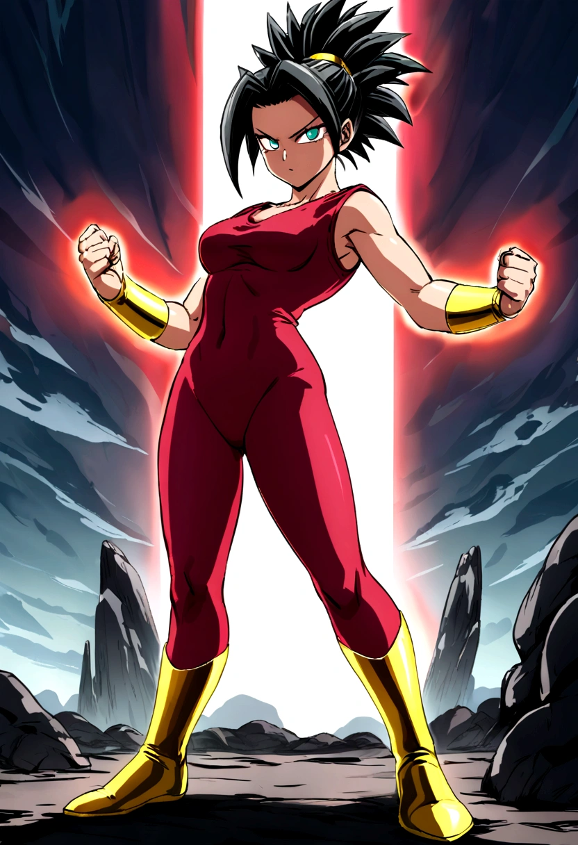 Kefla with black hair up, with red top and leggings, One punch man style