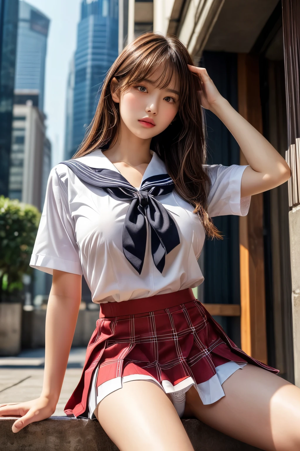 Highest quality,Ultra-detailed,masterpiece,Realistic,Photo realistic,Bright lighting,One Girl, Very beautiful  girl, (cute:1.2),A faint smile, (Brown eyes),(Brown haired),(Bans),Perfect glowing skin,Perfect Skin,((erotic,Sexy and sexually explicit)),((Accurate needles without discomfort)), (Big Breasts:1.1),Big breasts and small waist, Look at the viewers,((Sailor suit)),((Short sleeve uniform white shirt)),(Red tie),(Plaid mini pleated skirt),(((Roll up the skirt yourself:1.4))),(Lifted it himself),(Showing panties),Wearing panties,Panty Focus,((get up,Spread your legs)), socks, (Black knee socks),(Loafer shoes), night,Metropolis,Skyscrapers、Tokyo Tower