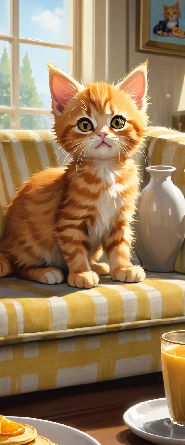 An orange kitten sits on a sofa in a cozy home, eyes wide with curiosity as it watches a vibrant television advertisement featuring golden stacks of syrup-drizzled pancakes. Its tail twitches in excitement, captivated by the delicious-looking breakfast.