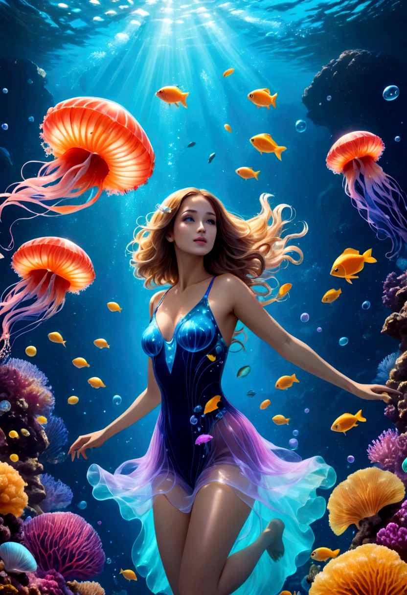 A woman swimming with fishes, deep sea, colorful corals, bubbles, jellyfish, clams, fantasy, epic